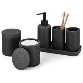 ZCCZ Black Stone Bathroom Accessories Set 6 Pieces - Toothbrush Holder, Lotion Dispenser, Qtip Container, Vanity Tray, Tumbler - Countertop Organizer for Bathrooms - Elegant and Functional Décor Set