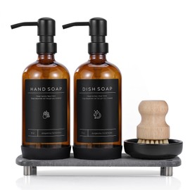 [Luxury] Kitchen Soap Dispenser Set - 16OZ Glass Bottle, Stainless Steel Pump, Instant Dry Tray, Waterproof Labels, Non-Slip Silicone Pad, and Dish Brush | Upgrade for Your Kitchen and Bathroom