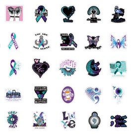 64Pcs Suicide Awareness Stickers Pack, Teal Purple Ribbon Suicide Prevention Aesthetic Vinyl Waterproof Sticker Decals for Water Bottle,Laptop,Phone,Scrapbooking,Journaling Gifts for Adults Teens