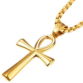 JUNOVUROS 18 to 28 Inches Rolo Chain Ancient Ankh Cross Pendant Necklace for Men Women Boys Girls 316L Stainless Steel with Large and Medium Sizes
