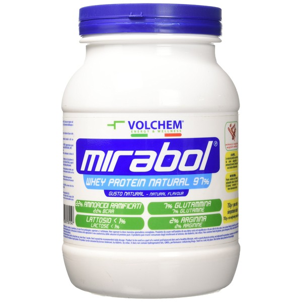 Volchem Mirabol Whey Protein 97, Whey Protein Food Supplement, 22% Branched Amino Acids, Arginine and Glutamine, Soluble Powder Jar, Natural Flavour, 750g