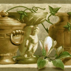 CONCORD WALLCOVERINGS ™ Wallpaper Border Vintage Pattern Vases Grapes Ivy Magnolia for Cottage Bedroom Living Room, Beige Green, 15 Feet by 7 Inches SG30427