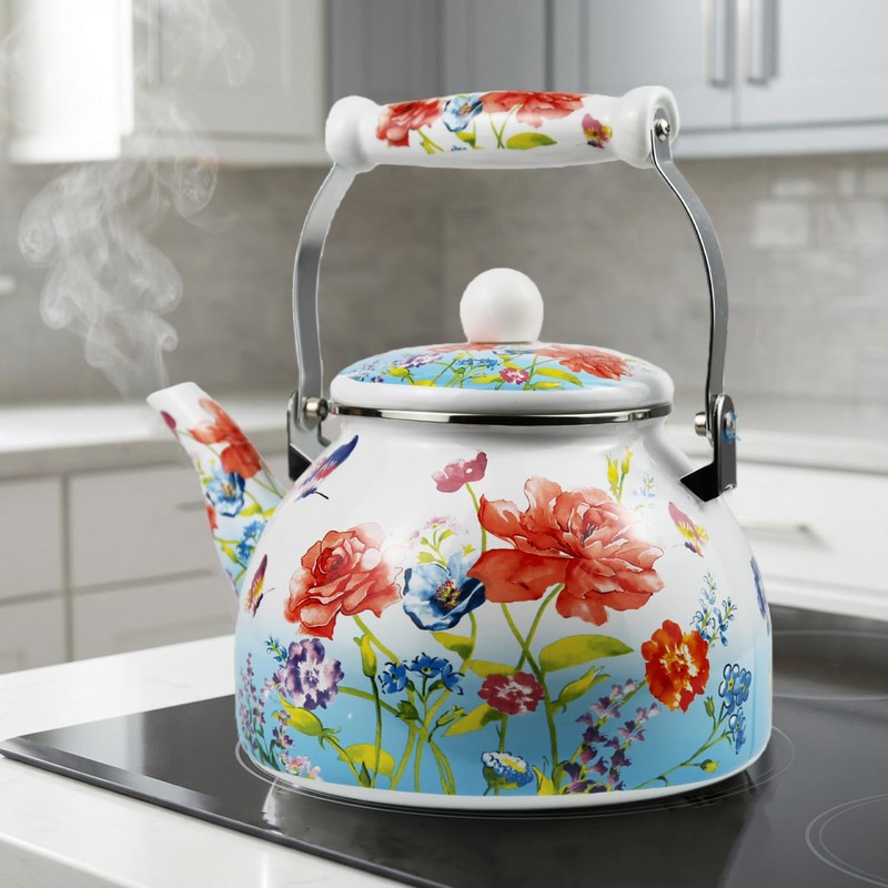Butterfly Floral Enamel Tea Kettle, 2.5L Stovetop Teapot with Porcelain