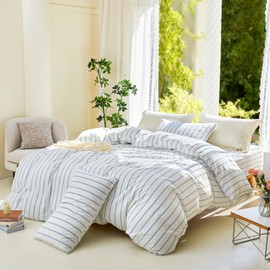 DONEUS Striped Duvet Cover Set 100% Washed Cotton Linen Like Super Soft Breathable Comfy 3 Pieces Bedding Set with Zipper Closure (White Cornflower Blue Wide Stripes, Queen 90"x90")