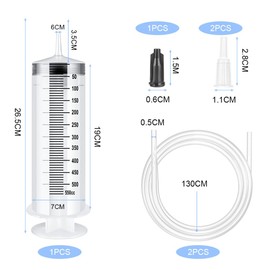 OFFCUP Large Syringe 500 ml, Plastic Syringe with 2 Hoses and Plugs and Excavator Hose, Dosing Syringe for Liquid Transfer for Experiments, Reusable Liquid Plastic Syringe