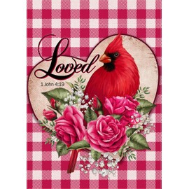 Covido Valentine's Day Loved Decorative Garden Flag, Cardinal Red Bird Pink Plaid Check Rose Anniversary Yard Outside Decorations, Wedding Engagement Outdoor Small Home Decor Double Sided 12 x 18