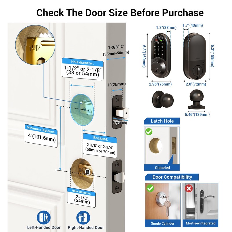 Veise RZ06C Smart Locks for Front Door, 2 Knob Handle