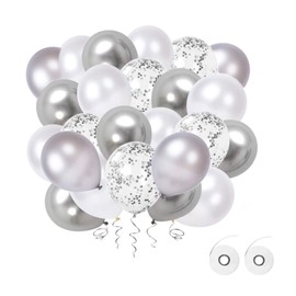 Flow.month 60 Pieces silver Balloons Set, 12 Inches silver white Latex Balloons silver Metallic Balloons silver Confetti Balloons Helium Balloons for Wedding Birthday Party Decoration(silver-white)