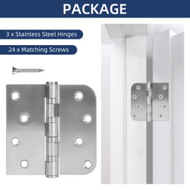 3 Pack Ball Bearing Door Hinges, 4 Inch x 4 Inch Heavy Duty Stainless Steel Door Hinges with Square & 5/8'' Round Radius Corner for Exterior & Interior Doors, Silver