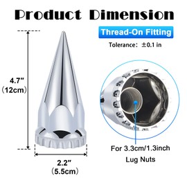 33mm x 4-3/4" Chromed Spike Lug Nuts Covers Thread-On, ABS Chrome Plastic Caps Pointed Screw On Lug Nut Cover for Semi Trucks (60)