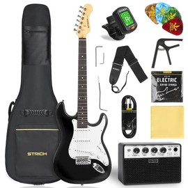 STRICH 39" Electric Guitar Beginner Kit, SSS Pickup, 10W Amp, Bag, Tuner, Capo, Strap, Strings, Cable, Picks, SST-S10 Black - Color: Sunburst