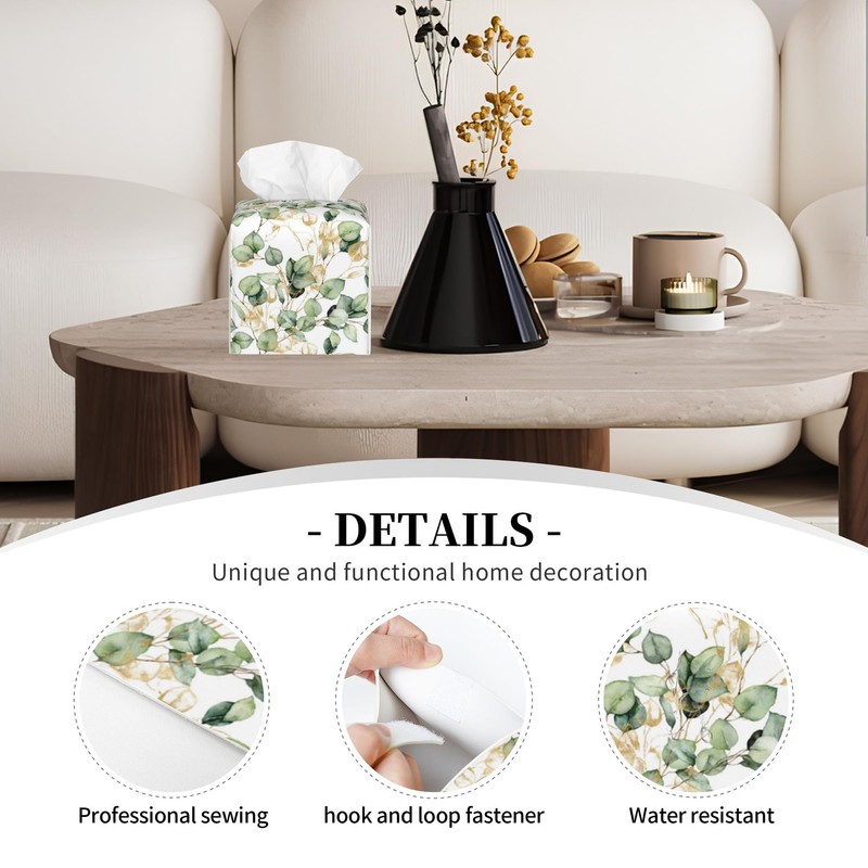 POIUBLE Leather Tissue Box Holder Gold and Green Eucalyptus Leaf