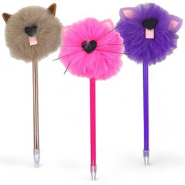 MIJOMA Fluffy PomPom Ballpoint Pen - Colourful & Trendy for School, Office, Home, 21 cm (Cat & Mouse, Pack of 3)