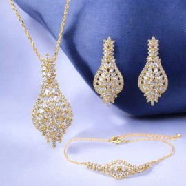 Unbranded Gold Plated with Clear Cubic Zirconia Pendant Necklace Bracelet and Earrings Set