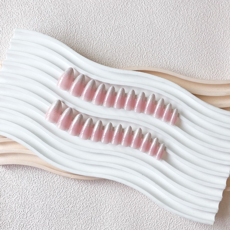 Glitter Ombre Pink False Nails Medium Almond, SXVME Bling French