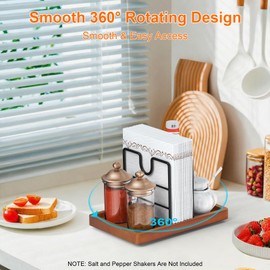 PENGARO Napkin Holder for Table, 360° Rotating Napkin Holders Metal Dining Napkin Dispenser with Salt and Pepper Shakers Holder, Standing Paper Napkin Storage for Kitchen Dining Table, Brown