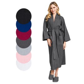 Lotus Linen Waffle Robes for Women - Lightweight Cotton Kimono Bathrobe - Long Soft Spa Bath Robe