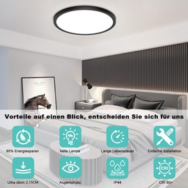 LED Ceiling Light Flat Round Ceiling Light - 18 W White Living Room Lamp 4000 K 1600 LM IP44 Modern LED Ceiling Light Black Bedroom Lamp Bathroom Lamp Ceiling for Cellar Hallway Kitchen Balcony Stairs