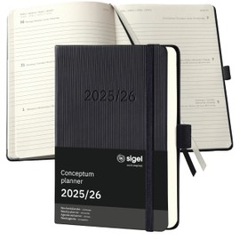 SIGEL C2602 Weekly Planner Weekly Calendar 2025/2026, Approx. A6, Black, Hard Cover, Elastic Band, Pen Loop, Archive Pocket, Made of Sustainable Paper, 18 Month Calendar, Calendar Book Conceptum