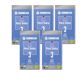 Gourmesso 50ct Decaf Peru Dolce Decaf Coffee Pods I Compatible with Original Line Nespresso Machines | 5 boxes I Light Roast I Intensity 3 | 100% Fair Trade I Decaffeinated Espresso Capsules