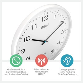 Mebus Radio Controlled Wall Clock 30 cm Silent White Frame White Dial Model 13080 - Perfect for Living Room and Kitchen - White