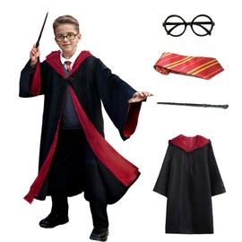 VNNOPG Wizard Costume Black Cape Magic Cloak Wizard Robe Magician Costume Cosplay with Magic Wand Glasses Tie Necklace Scarf,155