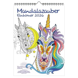 DIY Mandala Magic Unicorns Colouring Calendar DIN A4 Calendar for 2026 Mandala Drawing Painting Set 1 x Calendar, 1 x Christmas Pendant (2 Pieces)