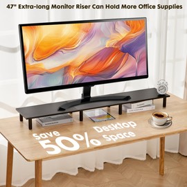 La Jaco 47 Inch Extra-Long Dual Monitor Stand Riser for 2 Monitors, Desk Shelf TV Riser Blocks, Wood and Steel Desktop Riser for Computer, Laptop, Printer, Home Office Organization, Black