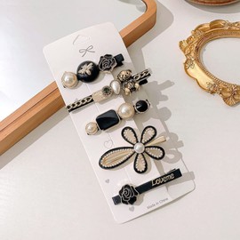 Viviraa Pearl Hair Clips Set for Women & Girls – Acrylic Resin Barrettes, Geometric Metal Hairpins, Decorative Bobby Pins – Hair Accessories for Daily Wear, Parties & Gifting (Black, Medium)