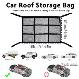 Car Ceiling Cargo Net,35.4″x 25.6″Adjustable Buckle Car Ceiling Storage,Double Layer Roof Mesh Camping Overlanding Gear Must Haves Cargo Net for SUVs,Van,Road Trip Essentials
