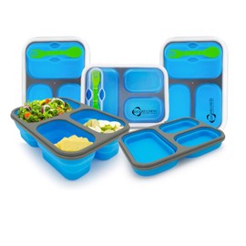 CHEESE CHOPPER Collapsible Food Storage Container for Meal Prep | 3 Separate Compartments with Clip in Fork & Spoon | Microwave, Dishwasher Safe & BPA Free