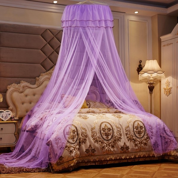 Beyeutao Purple Bed Canopy Lace Mosquito Net Kids Bed Canopy Round Dome Bed Canopy Bed Tent Play Tent Mosquito Net for Girls Boys Room Decoration Present.