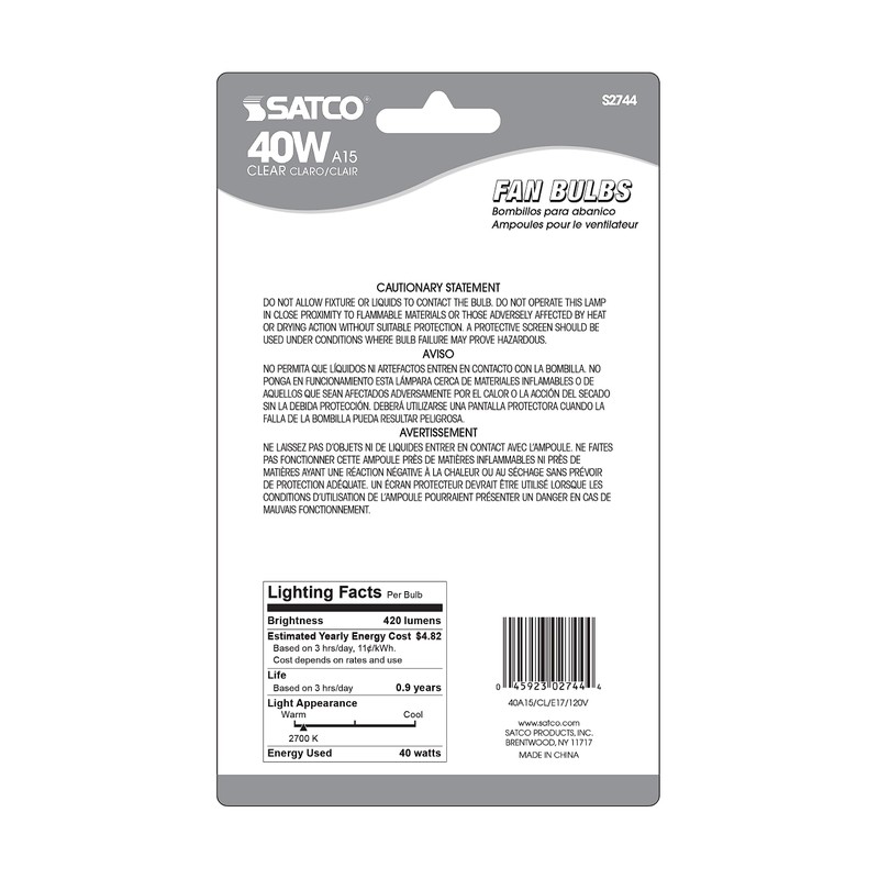 Satco S2744 120V Intermediate Base 40-Watt A15 Light Bulb, Clear