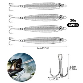 Annyswit Pack of 4 Metal Sea Trout Bait with Treble Hook, Silver Minnow Spoon Bait, Pike Sea Fishing Equipment, Metal Jigs for Cod & Bass & Sea & Freshwater Fishing (20 g x 4)