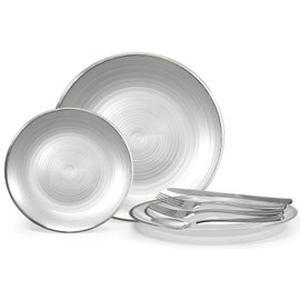 " OCCASIONS " 150 Piece set (25 Guests)-Wedding Plastic Plates & cutlery -Disposable Dinnerware 10'', 7'' + Silver Silverware w/double fork (Belize in White Pearl & Silver)