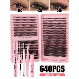 DIY Cluster Eyelash Extension Set, 640pcs 8-16mm 10D+20D+30D+40D Black Thick Cluster False Lashes, D-Curl Cluster Eyelash Extension Set, Suitable For Home Use, Voluminous & Lightweight - Color: Black 2, Specification: Eyelashes Only (tools Not Included)