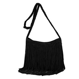 Goclothod Women Hippie Fringe Tassel Suede Hobo Shoulder Bag Vintage Messenger Crossbody Handbag Black