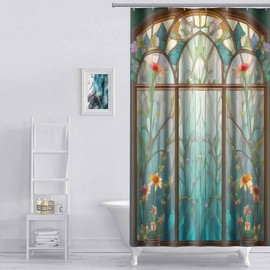 PAEOT Boho Plant Floral Shower Curtain Church Style Stained Glass Bathroom Curtains 48"x72" Fabric Washable Bathroom Curtains with 8 Hooks YLDWPA635