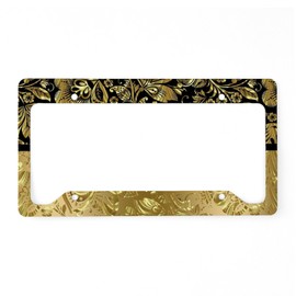 CafePress Black and Shiny Gold Print Fl License Plate Holder Aluminum License Plate Frame, License Tag Holder
