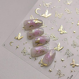 1 Sheets Gold Butterfly Nail Art Stickers 5D Self Adhesive Embossed Star Nail Stickers for Nail Art Gold Moon Stars Butterflies Nail Decals Nails Design Supplies for Women Girl DIY Manicure Decor