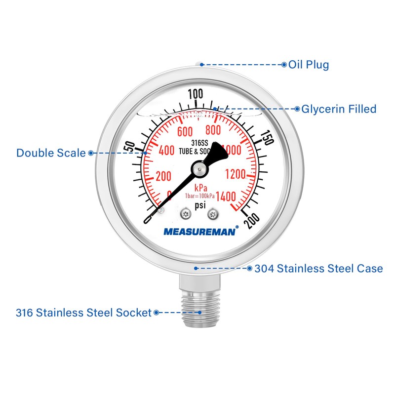 MEASUREMAN Fully Stainless Steel Hydraulic Glycerin Filled Pressure Gauge, 2-1/2"