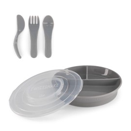 Twistshake Baby Crockery Set | Split Plate + Cutlery 6m+ | BPA Free | Nutrition Training Set for Children | Grey