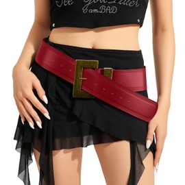 Western Belts for Woman - Boho Leather Belt with Big Buckle - Cowgirl Fashion Accessory for Dresses, Festival Outfits, Red, Classic Style with Bronze Buckle