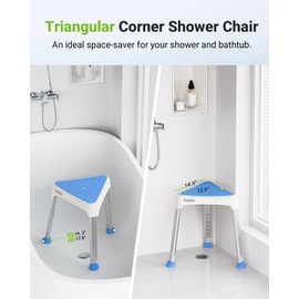 FULLOT Space-Saving Triangular Shower Chair for Elderly and Disabled, 400 lbs Adjustable Shower Stool Seat with Stable-Bracing, Non-Slip Bathtub Chair, Tool-Free Assembly, Blue With Eva Pad