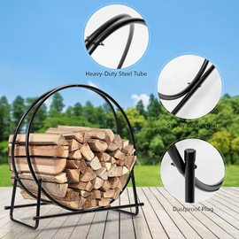 BUSHLY 30” Round Firewood Rack, Indoor & Outdoor Heavy Duty Log Wood Storage Rack, Tubular Steel Log Hoop Holder for Fireplace, Porch, Eaves, Black