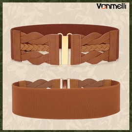 VONMELLI Vintage Stretchy Belt for Women, Women's Wide Elastic Waist Belt for Dresses Coats, Fashion Women's Belt with Gold Buckle, coffee