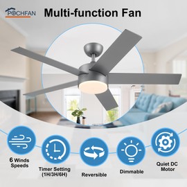 POCHFAN 52 inch Ceiling Fans with Lights and Remote Control Silver, Modern Ceiling Fan Dimmable 3 CCT Temperatures 6-Speed, Quiet LED Ceiling Fan for Bedroom, Living Room
