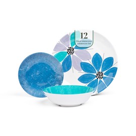Larder & Vine 12-Piece Melamine Dinnerware Set: Durable, Lightweight, Break-Resistant Plates & Bowls – Stylish, Non-Toxic, Dishwasher Safe – Ideal for Everyday Use, Indoor & Outdoor Dining – Floral
