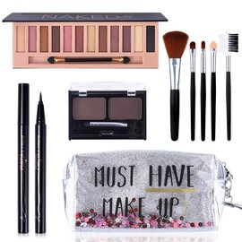 All in One Makeup Gift Set -12 Colors Eyeshadow Palette + Waterproof Black Eyeliner Pencil + Duo Pressed Eyebrow Powder Kit + 5 Brushes and Quicksand Silver Cosmetic Bag
