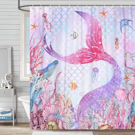 DYNH Mermaid Shower Curtain, Cute Pink Ocean Mermaid Tail Octopus Coral Fish Jellyfish Beach Shower Curtain Kids Girls Bathroom Set, Sea Underwater Coastal Shower Curtain with Hooks, 69X70IN
